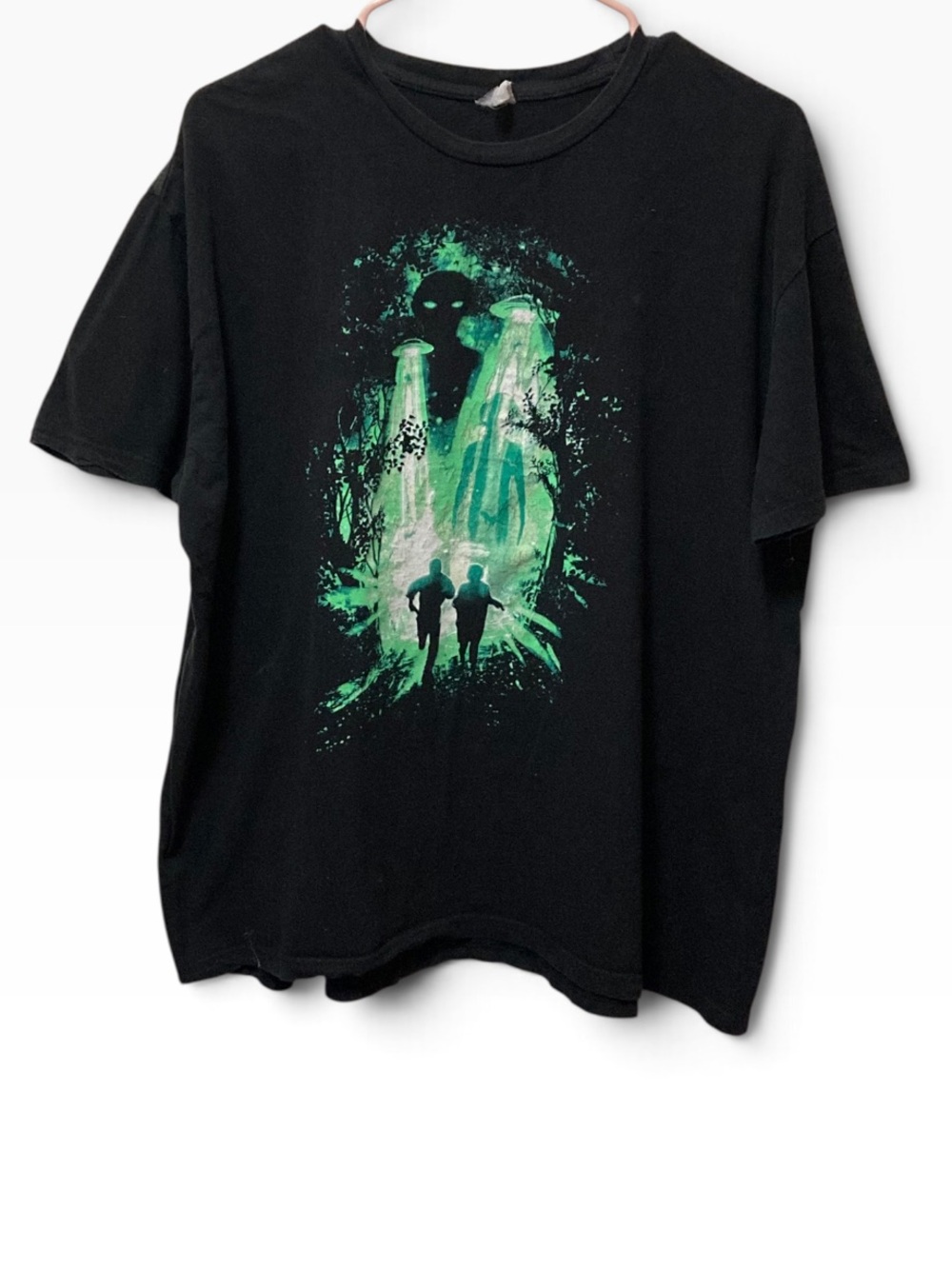Vintage X Files Black Graphic Tee with Green Alien Abduction Print - Men